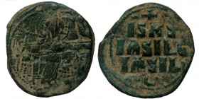 ANONYMOUS Class D AE29 Follis Attributed to Constantine IX (1042-1055).
Obv: IC - XC - Christ seated facing on throne with back, wearing nimbus crucig...