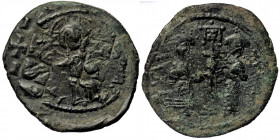 Constantine X Ducas and Eudocia (1059-1067) AE30 follis, Constantinople
+ EMMA-NOVHΛ - Christ standing facing on footstool, wearing nimbus and holding...