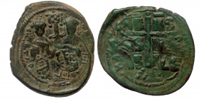 Constantine X Ducas and Eudocia AD 1059-1067. Constantinople
AE Follis, restriked on Anonymous (attributed to Romanus III). Ca. 1028-1034. AE follis
S...