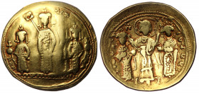 Romanus IV, with Eudocia, Michael VII, Constantius, and Andronicus, AV Histamenon Nomisma. Constantinople, AD 1068-1071. 
KѠN MX ANΔ, Michael standing...