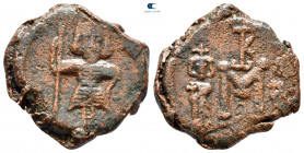 Constantine IV, with Heraclius and Tiberius AD 668-685. Syracuse. Follis or 40 Nummi Æ
