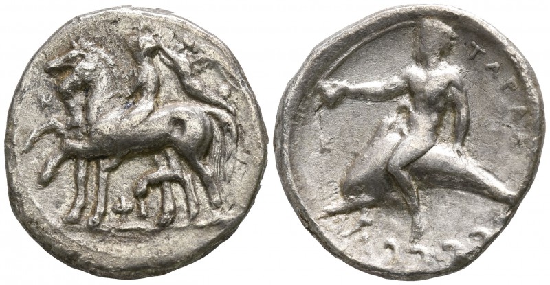 Calabria. Tarentum circa 380-345 BC.
Nomos AR

21mm., 7,30g.

Horseman ridi...