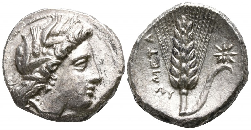 Lucania. Metapontion 330-290 BC.
Stater AR

19mm., 7,74g.

Head of Demeter ...