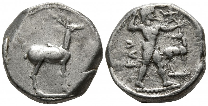 Bruttium. Kaulonia circa 475-388 BC.
Stater AR

16mm., 7,90g.

Stag standin...