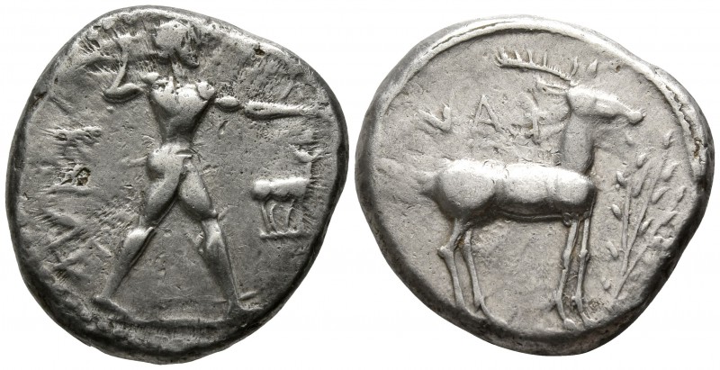 Bruttium. Kaulonia circa 450-445 BC.
Stater AR

20mm., 9,23g.

Apollo, nake...