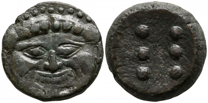 Sicily. Himera 430-420 BC.
Hemilitron Æ

25mm., 24,51g.

Gorgoneion with pr...