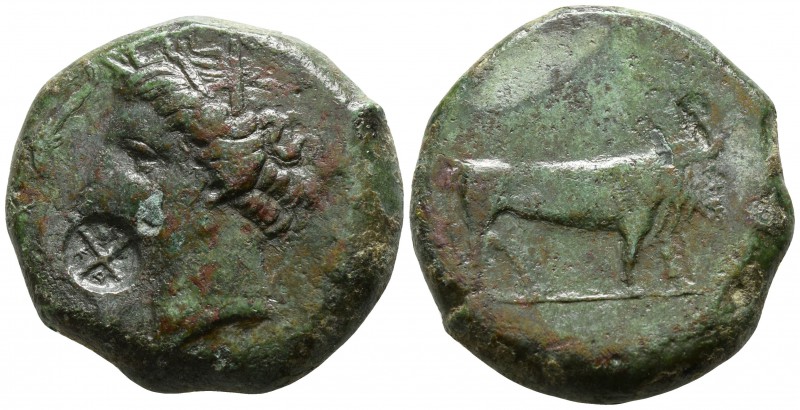 Sicily. Katane circa 405-402 BC.
Litra Æ

24mm., 14,16g.

Wreathed head of ...