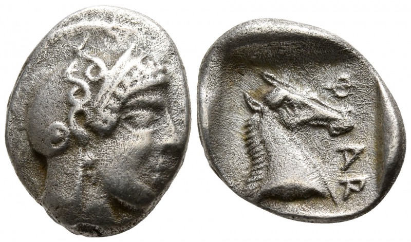 Thessaly. Pharsalos circa 450 BC.
Hemidrachm AR

14mm., 2,74g.

Helmeted he...