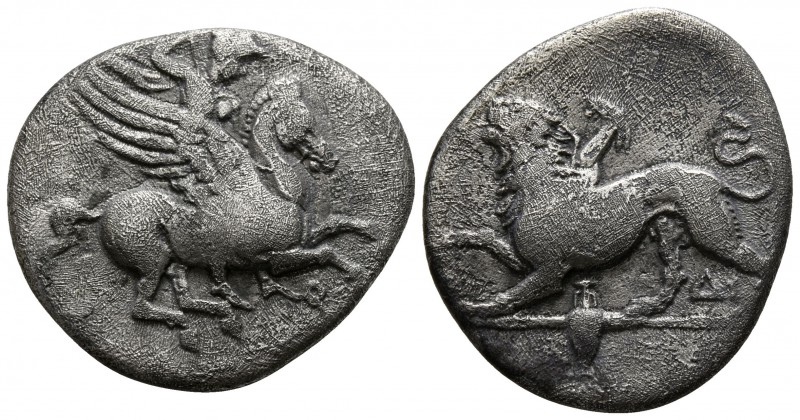 Corinthia. Corinth circa 330 BC.
Trihemidrachm AR

18mm., 3,58g.

Belleroph...