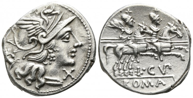 L. Cupiennius 147 BC. Rome
Denarius AR

18mm., 3,60g.

Helmeted bust of Rom...