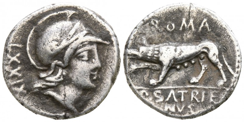 P. Satrienus 77 BC. Rome
Denarius AR

17mm., 3,52g.

Helmeted head of Roma ...