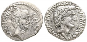Marcus Antonius, Lucius Antonius with L. Cocceius Nerva. 41 BC. Mint moving with Marcus Antonius . Denarius AR