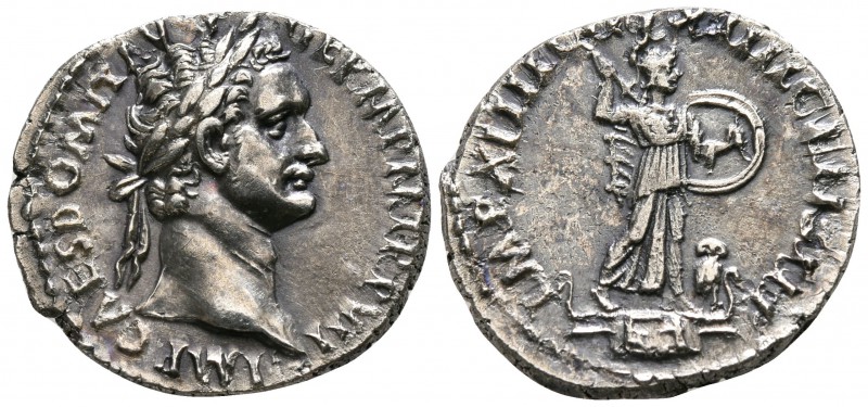 Domitian AD 81-96. Rome
Denarius AR

18mm., 3,07g.

IMP CAES DOMIT AVG GERM...