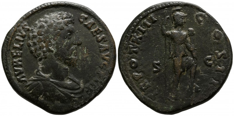 Marcus Aurelius as Caesar 139-161 AD, (struck 158-159 AD).. Rome
Sestertius Æ
...