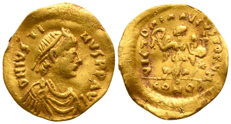 Justin I AD 518-527. Constantinople
Tremissis AV

14mm., 1,40g.

DN IVSTI-N...