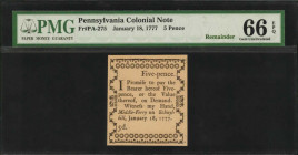 Colonial Notes

PA-275. Pennsylvania. January 18, 1777. 5 Pence. PMG Gem Uncirculated 66 EPQ. Remainder.

An impressive Gem example of this remain...