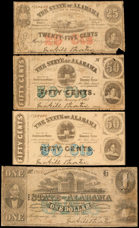 Alabama

Lot of (4) Montgomery, Alabama. The State of Alabama. 1863. 25 Cents ...