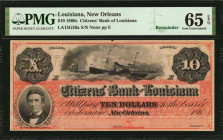 Louisiana

New Orleans, Louisiana. Citizens' Bank of Louisiana. 1860s $10. PMG Gem Uncirculated 65 EPQ. Remainder.

(LA-15 G26a). Plate E. 186_ Re...