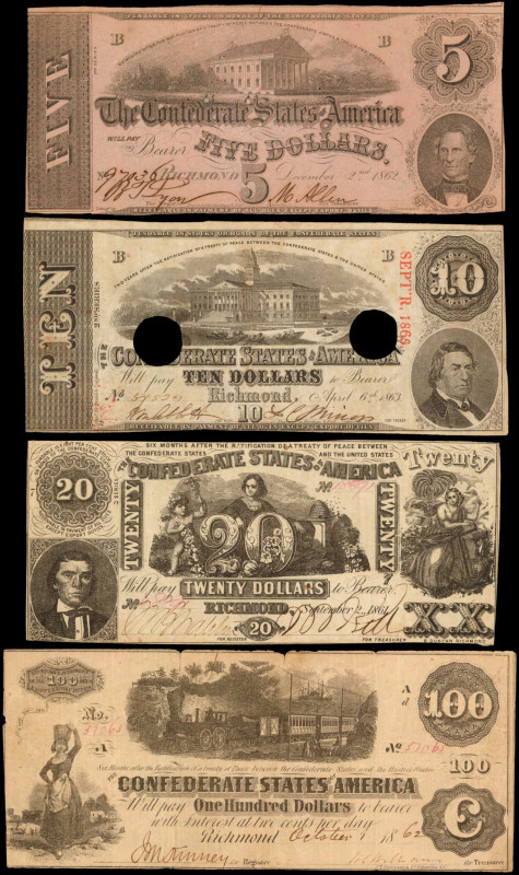 Confederate Currency

Lot of (4) T-20, 40, 52 & 53. Confederate Currency. 1861...