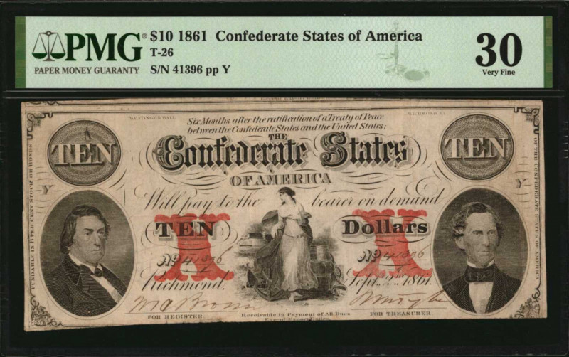 Confederate Currency

T-26. Confederate Currency. 1861 $10. PMG Very Fine 30....