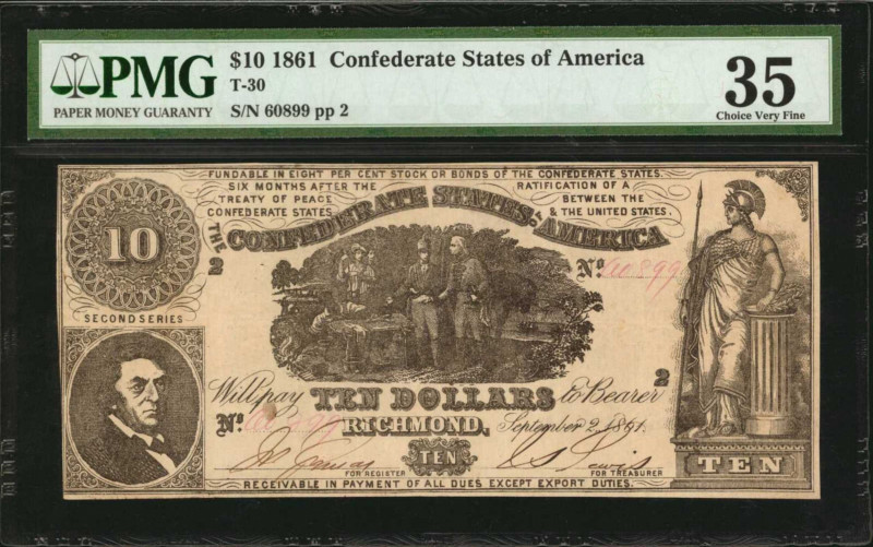 Confederate Currency

T-30. Confederate Currency. 1861 $10. PMG Choice Very Fi...