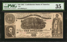 Confederate Currency

T-30. Confederate Currency. 1861 $10. PMG Choice Very Fine 35.

No. 60899, Plate 2. A mid grade offering of this 1861 Confed...
