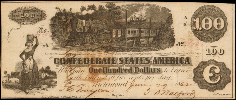 Confederate Currency

T-39. Confederate Currency. 1862 $100. Choice About Unci...