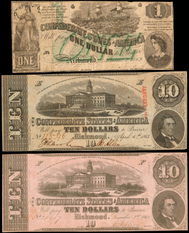 Confederate Currency

Lot of (3) T-45, 52 & 59. Confederate Currency. 1862-63 ...