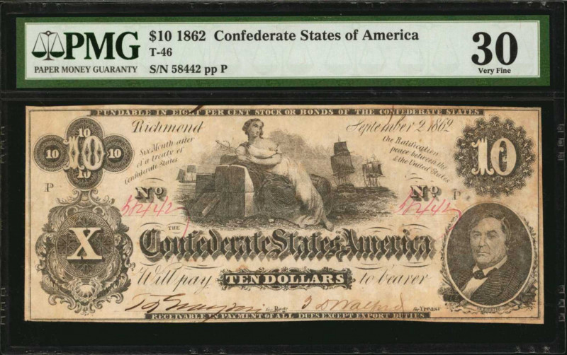 Confederate Currency

T-46. Confederate Currency. 1862 $10. PMG Very Fine 30....