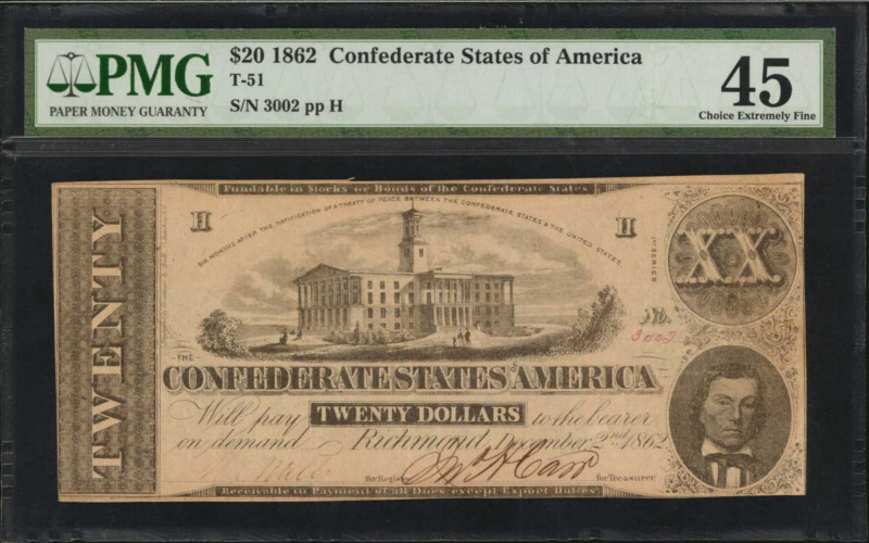 Confederate Currency

T-51. Confederate Currency. 1862 $20. PMG Choice Extreme...