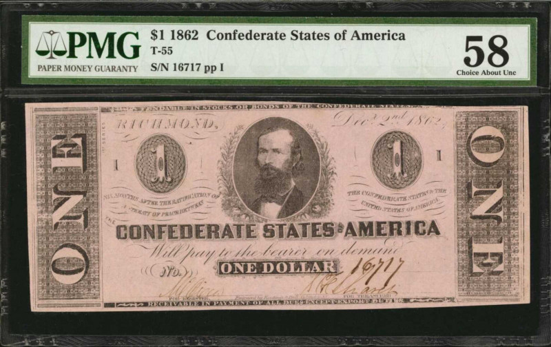 Confederate Currency

T-55. Confederate Currency. 1862 $1. PMG Choice About Un...