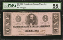 Confederate Currency

T-55. Confederate Currency. 1862 $1. PMG Choice About Uncirculated 58.

No. 16717, Plate I. PMG comments "Annotation."

Es...