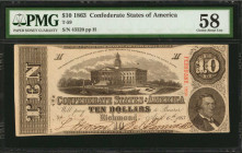 Confederate Currency

T-59. Confederate Currency. 1863 $10. PMG Choice About Uncirculated 58.

No. 43320, Plate H. Boldly penned signatures are fo...