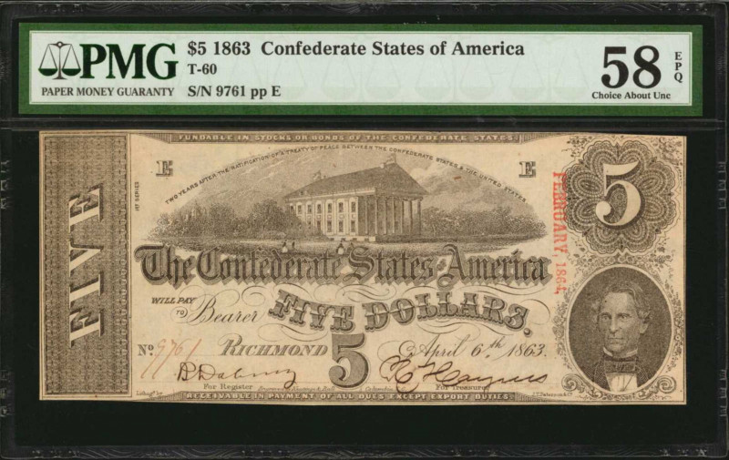 Confederate Currency

T-60. Confederate Currency. 1863 $5. PMG Choice About Un...