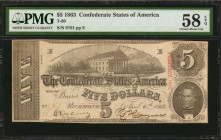 Confederate Currency

T-60. Confederate Currency. 1863 $5. PMG Choice About Uncirculated 58 EPQ.

No. 9761, Plate E. This note has earned PMG's co...