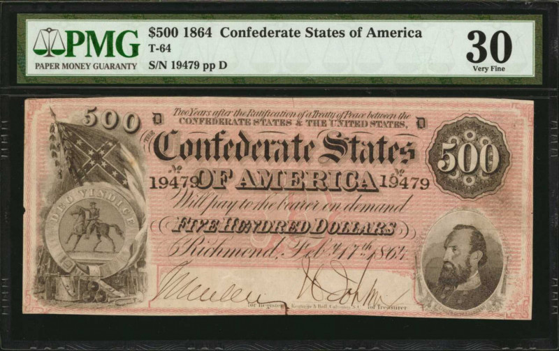 Confederate Currency

T-64. Confederate Currency. 1864 $500. PMG Very Fine 30....