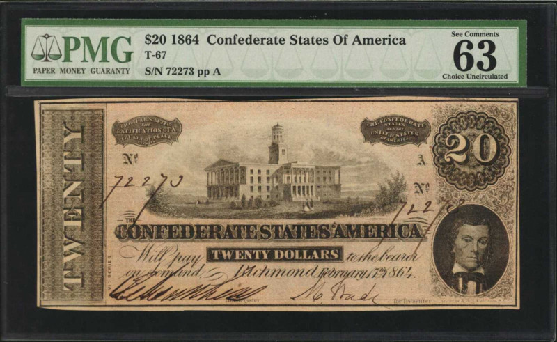 Confederate Currency

T-67. Confederate Currency. 1864 $20. PMG Choice Uncircu...