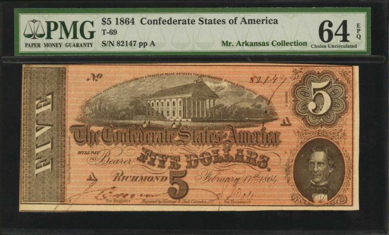 Confederate Currency

T-69. Confederate Currency. 1864 $5. PMG Choice Uncircul...