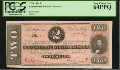 Confederate Currency

T-70. Confederate Currency. 1864 $2. PCGS Currency Very Choice New 64 PPQ.

No. 63361, Plate C. Unusually large margins are ...