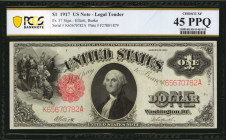 Legal Tender Notes

Fr. 37. 1917 $1 Legal Tender Note. PCGS Banknote Choice Extremely Fine 45 PPQ.

Original paper is retained on this mid grade A...