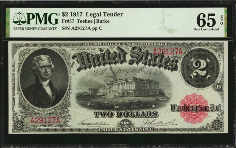 Legal Tender Notes

Fr. 57. 1917 $2 Legal Tender Note. PMG Gem Uncirculated 65...