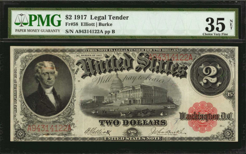 Legal Tender Notes

Fr. 58. 1917 $2 Legal Tender Note. PMG Choice Very Fine 35...