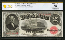 Legal Tender Notes

Fr. 60. 1917 $2 Legal Tender Note. PCGS Banknote Choice About Uncirculated 58.

This 1917 Legal Tender Deuce offers a bold des...