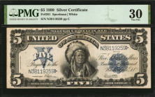 Silver Certificates

Fr. 281. 1899 $5 Silver Certificate. PMG Very Fine 30.

The design remains appealing for the assigned grade of this popular S...