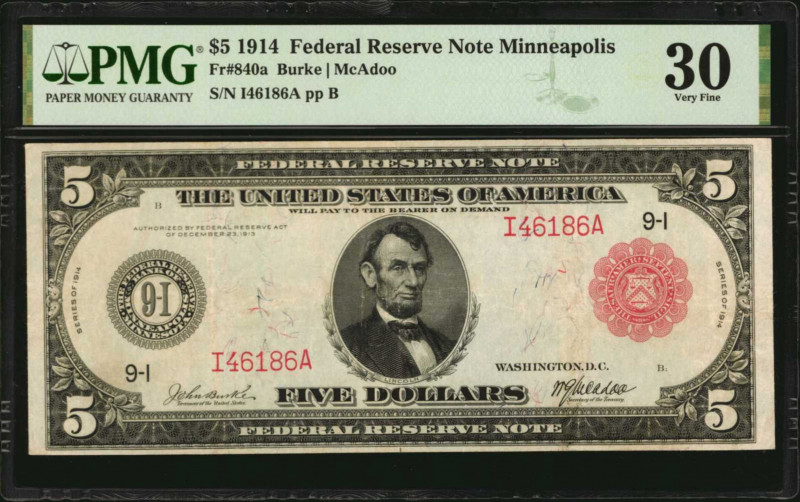 Federal Reserve Notes

Fr. 840a. 1914 Red Seal $5 Federal Reserve Note. Minnea...