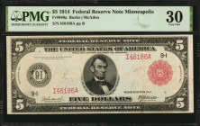Federal Reserve Notes

Fr. 840a. 1914 Red Seal $5 Federal Reserve Note. Minneapolis. PMG Very Fine 30.

Dark red overprints are found in this ofte...