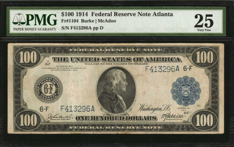 Federal Reserve Notes

Fr. 1104. 1914 $100 Federal Reserve Note. Atlanta. PMG ...