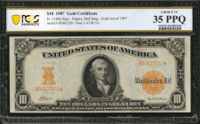 Gold Certificates

Fr. 1169a. 1907 $10 Gold Certificate. PCGS Banknote Choice Very Fine 35 PPQ.

This mid grade Gold Certificate displays dark hon...