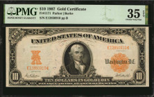 Gold Certificates

Fr. 1171. 1907 $10 Gold Certificate. PMG Choice Very Fine 35 EPQ.

Honey gold overprints are found on this mid-grade $10 Gold C...
