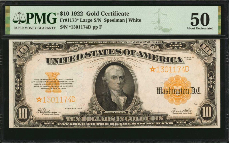 Gold Certificates

Fr. 1173*. 1922 $10 Gold Certificate Star Note. PMG About U...